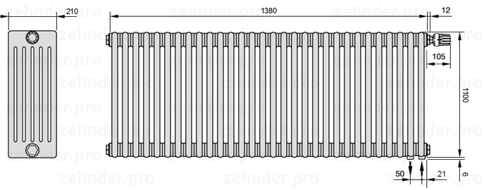 Схема (чертеж) Радиатор Zehnder Charleston 6110/30 №V002 Белый глянцевый RAL 9016